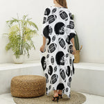 Black And White American Football Print Silk V-Neck Kaftan Dress