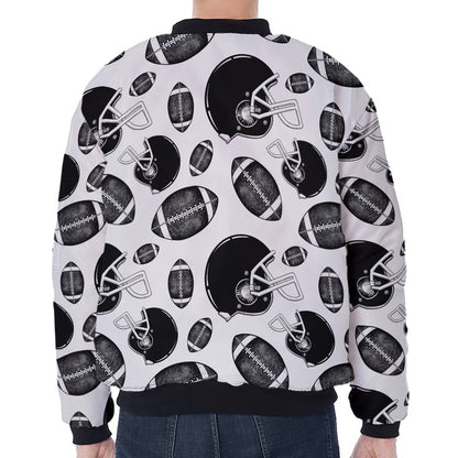 Black And White American Football Print Zip Sleeve Bomber Jacket