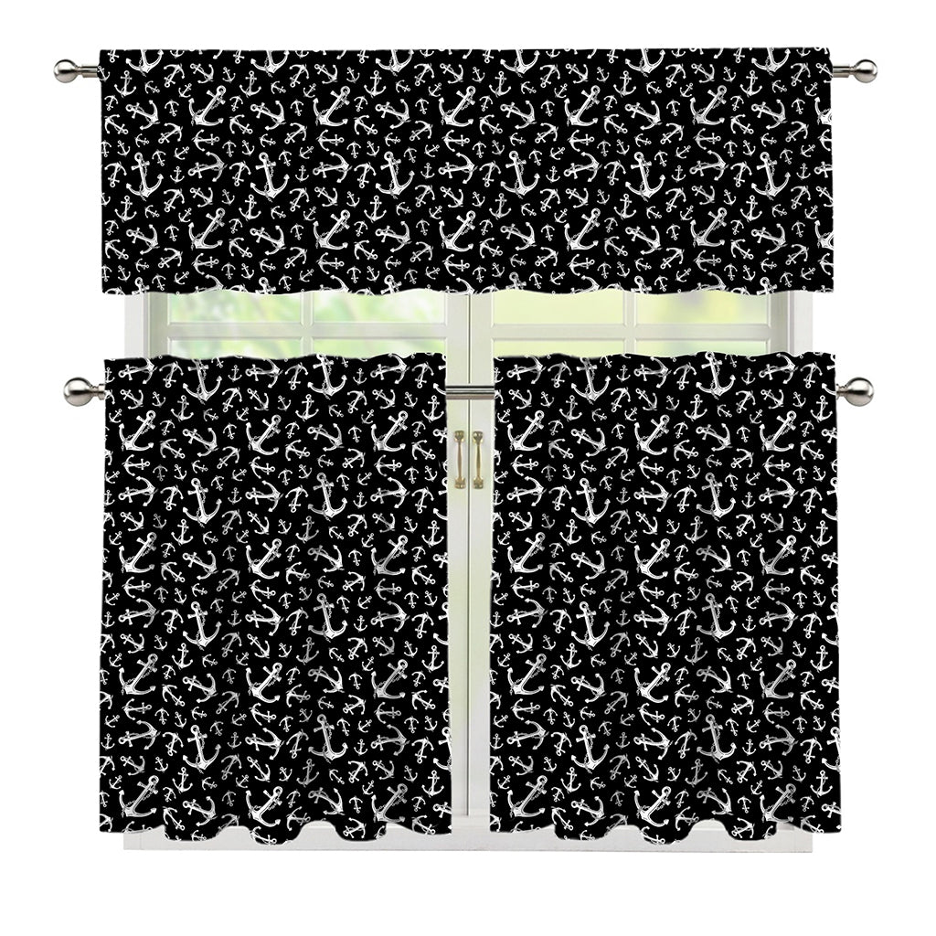 Black And White Anchor Pattern Print 3 Piece Kitchen Curtains