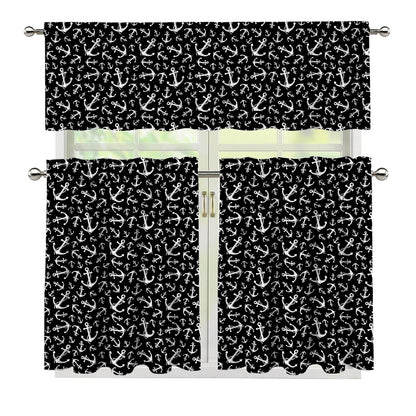 Black And White Anchor Pattern Print 3 Piece Kitchen Curtains