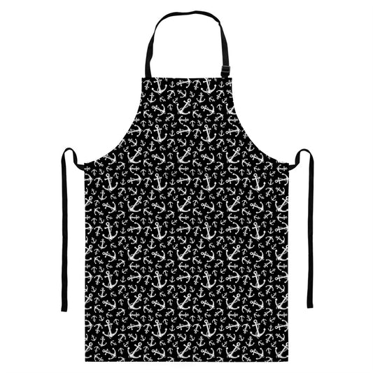 Black And White Anchor Pattern Print Bib Apron With Pocket