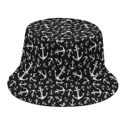 Black And White Anchor Pattern Print Bucket Hat