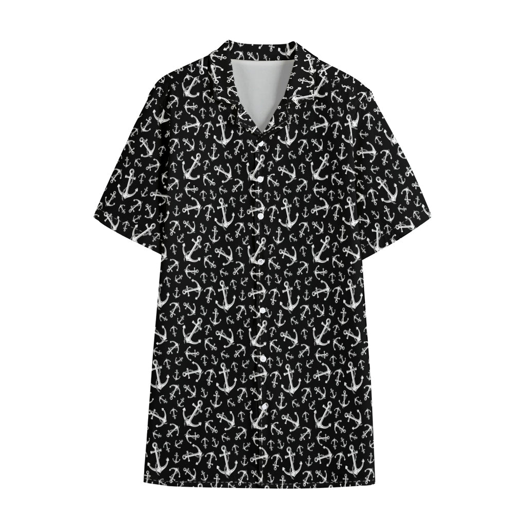Black And White Anchor Pattern Print Cotton Hawaiian Shirt