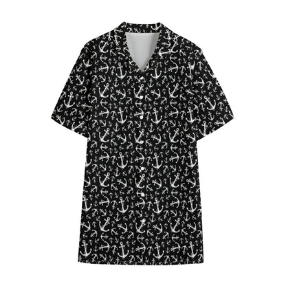Black And White Anchor Pattern Print Cotton Hawaiian Shirt