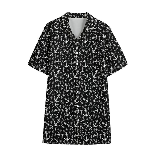 Black And White Anchor Pattern Print Cotton Hawaiian Shirt