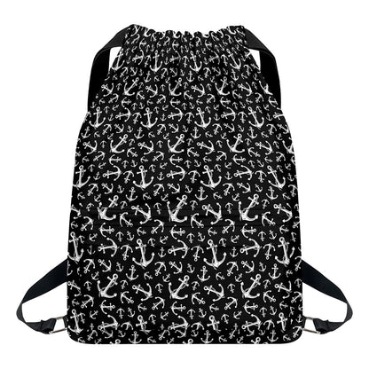 Black And White Anchor Pattern Print Drawstring Backpack
