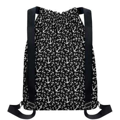 Black And White Anchor Pattern Print Drawstring Backpack