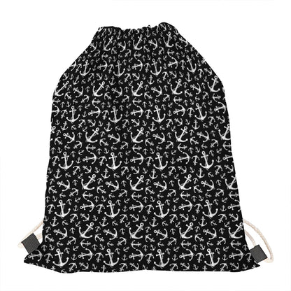 Black And White Anchor Pattern Print Drawstring Bag