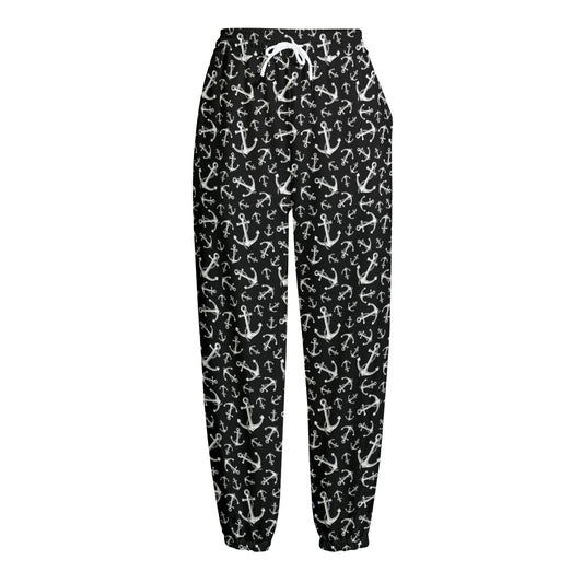 Black And White Anchor Pattern Print Fleece Lined Knit Pants