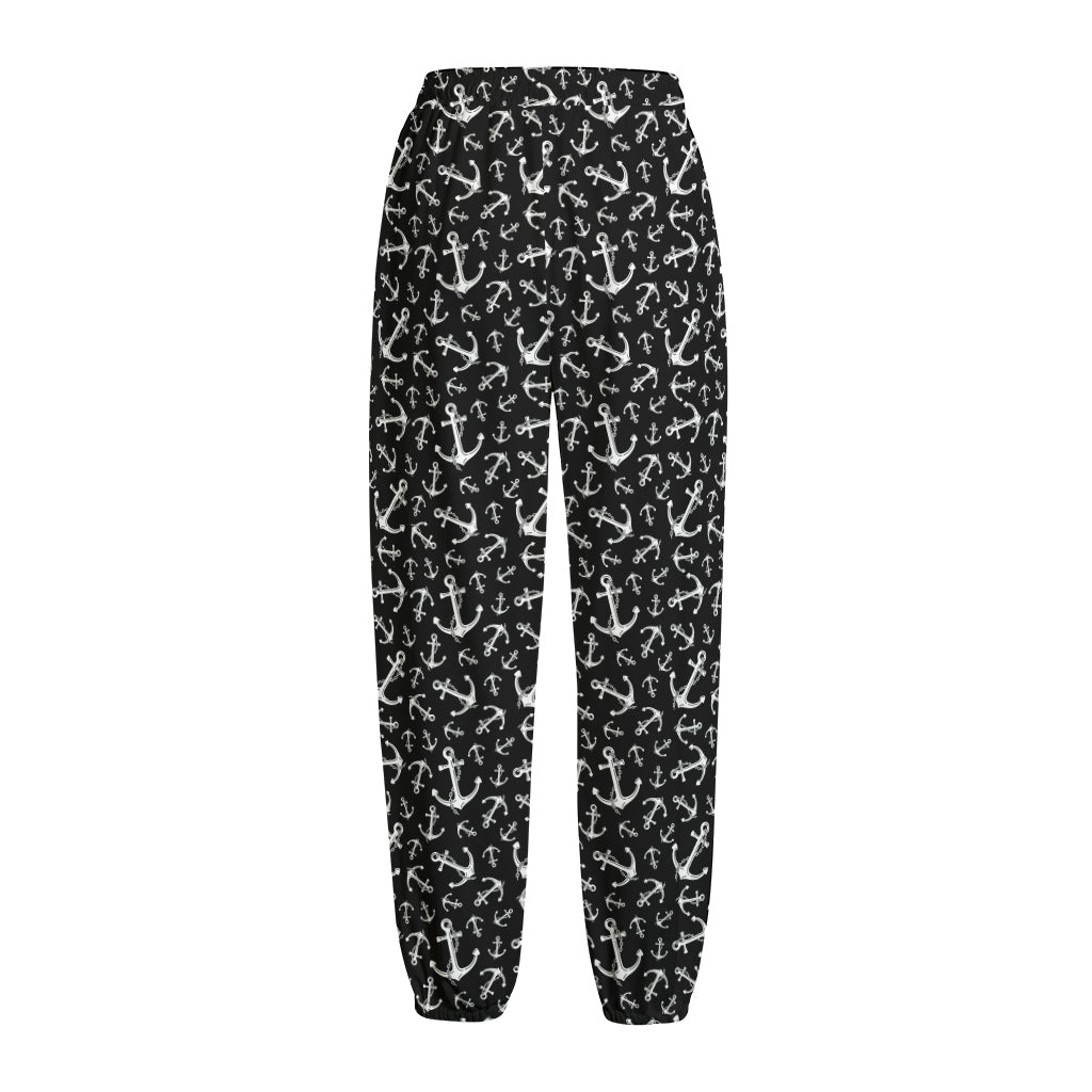 Black And White Anchor Pattern Print Fleece Lined Knit Pants