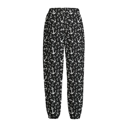 Black And White Anchor Pattern Print Fleece Lined Knit Pants