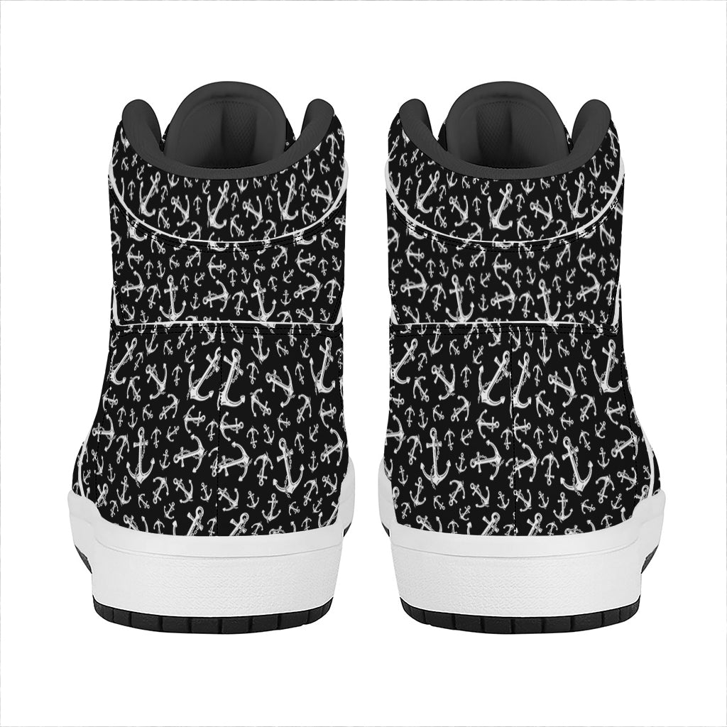 Black And White Anchor Pattern Print High Top Leather Sneakers
