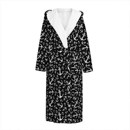 Black And White Anchor Pattern Print Hooded Bathrobe