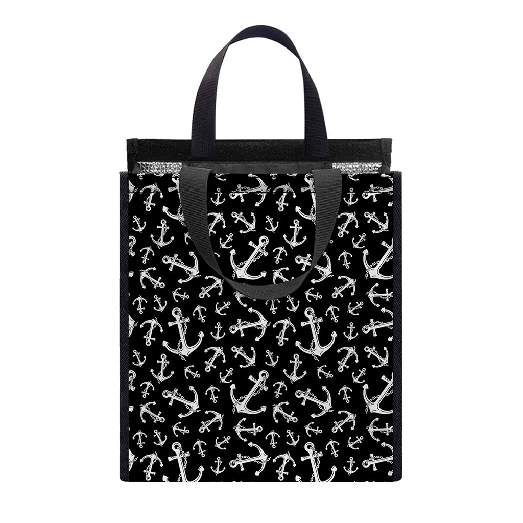 Black And White Anchor Pattern Print Insulated Lunch Tote