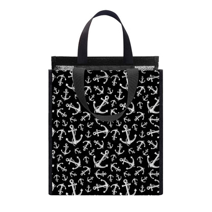 Black And White Anchor Pattern Print Insulated Lunch Tote