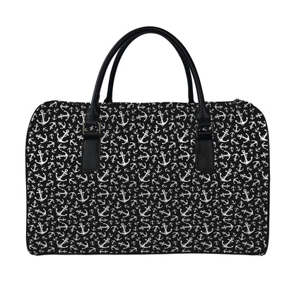 Black And White Anchor Pattern Print Leather Duffle Bag