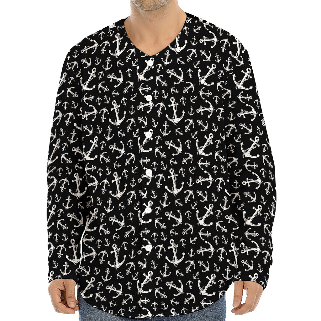 Black And White Anchor Pattern Print Long Sleeve Baseball Jersey