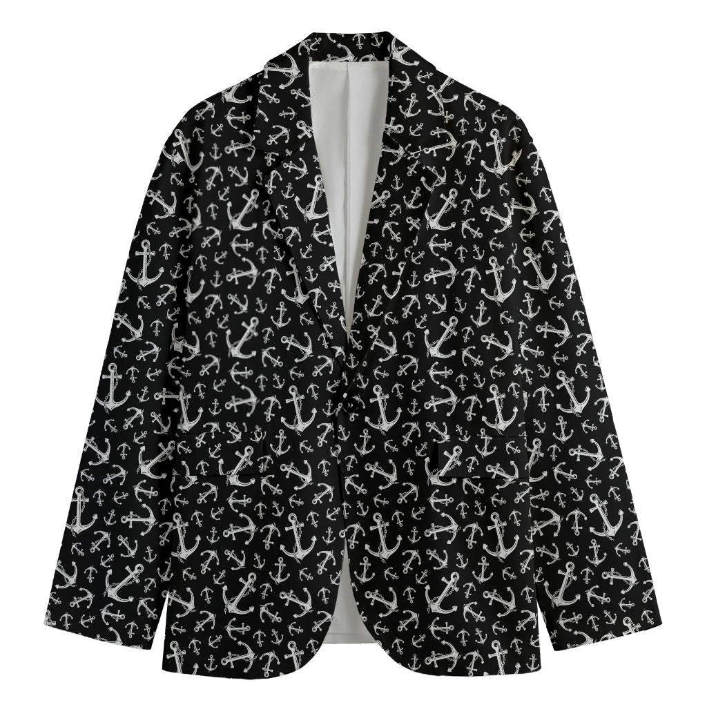 Black And White Anchor Pattern Print Men's Cotton Blazer