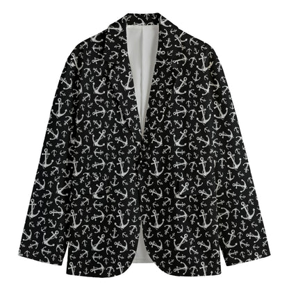 Black And White Anchor Pattern Print Men's Cotton Blazer