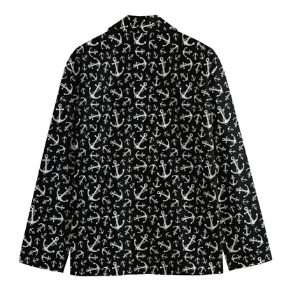 Black And White Anchor Pattern Print Men's Cotton Blazer