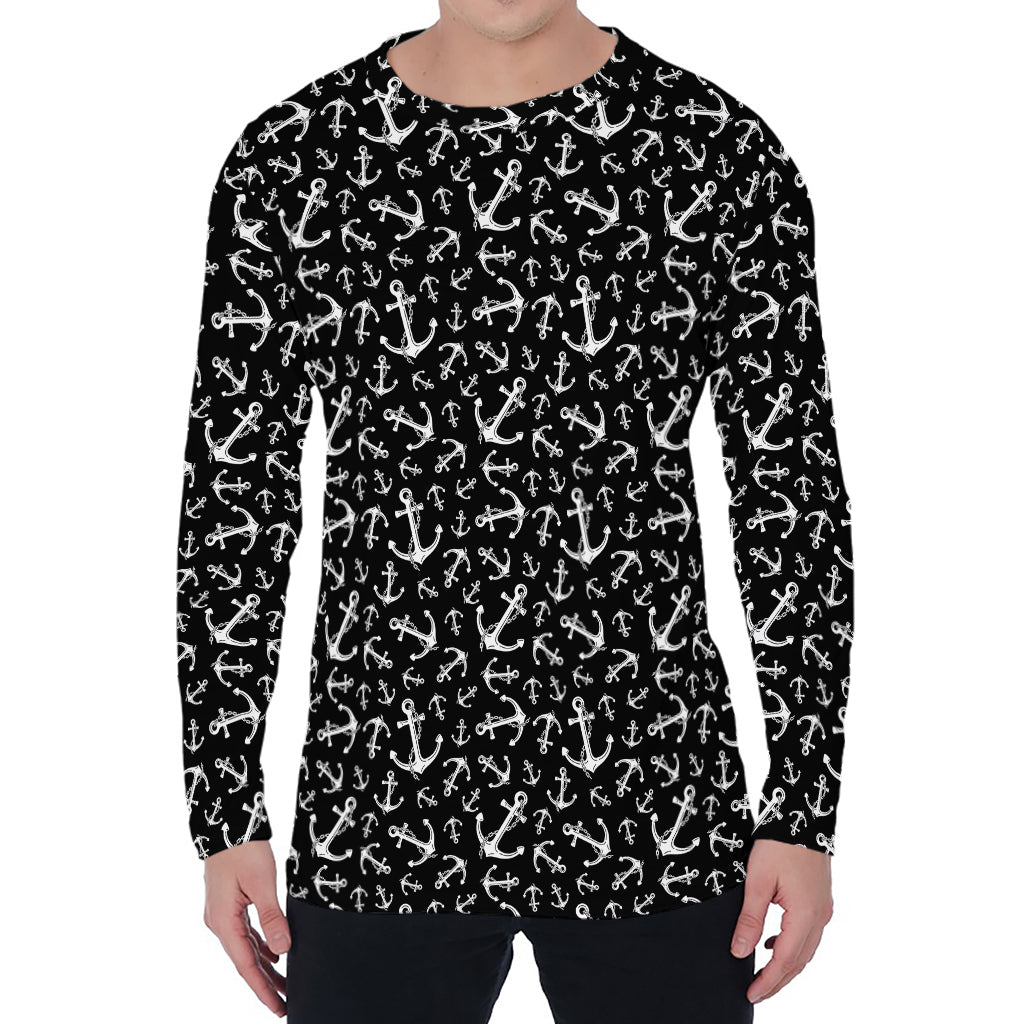 Black And White Anchor Pattern Print Men's Long Sleeve T-Shirt