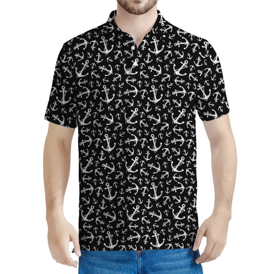 Black And White Anchor Pattern Print Men's Polo Shirt