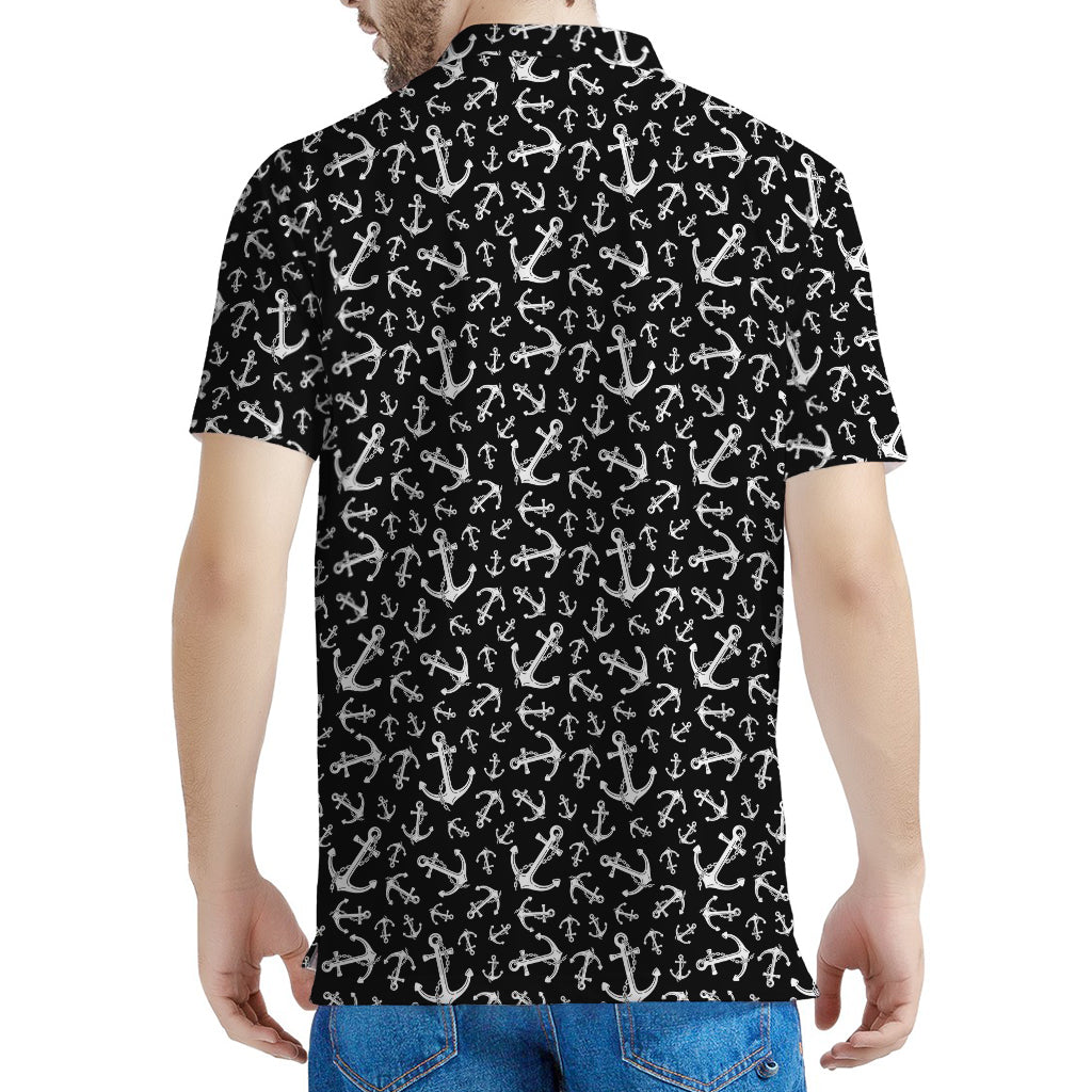 Black And White Anchor Pattern Print Men's Polo Shirt