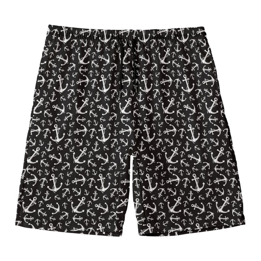 Black And White Anchor Pattern Print Men's Swim Trunks