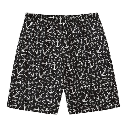 Black And White Anchor Pattern Print Men's Swim Trunks