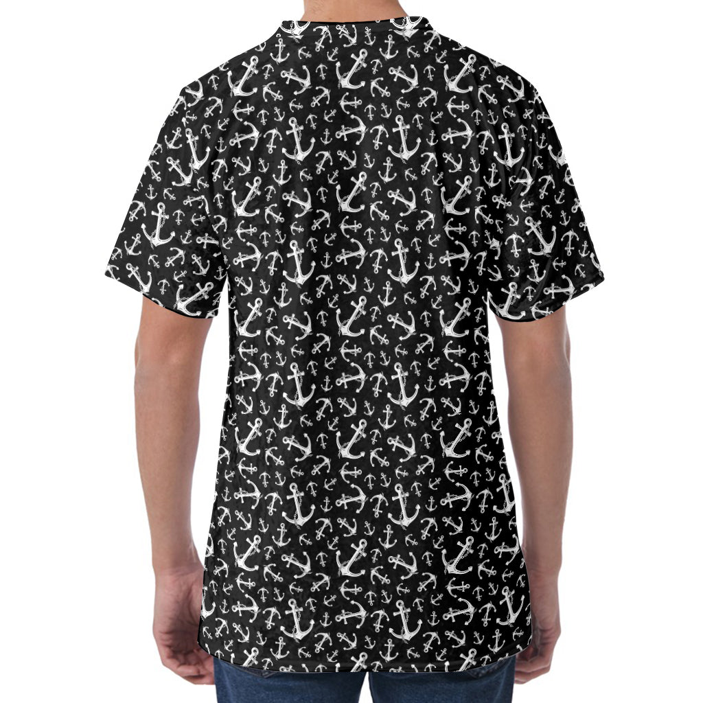 Black And White Anchor Pattern Print Men's Velvet T-Shirt