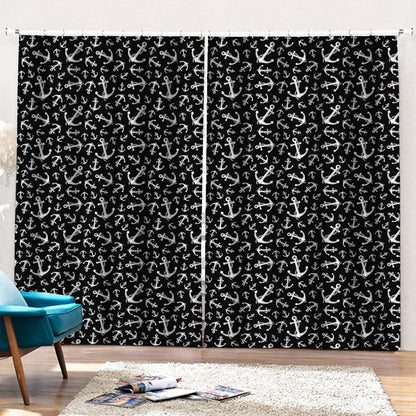 Black And White Anchor Pattern Print Pencil Pleat Curtains