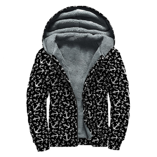 Black And White Anchor Pattern Print Sherpa Lined Zip Up Hoodie