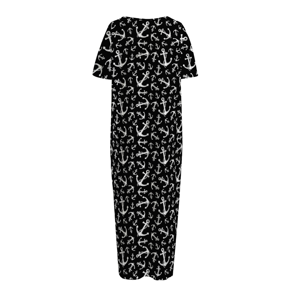 Black And White Anchor Pattern Print Short Sleeve Long Nightdress
