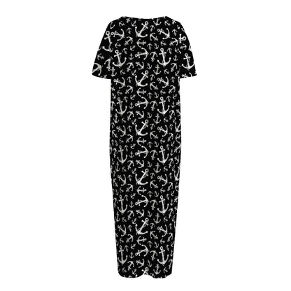 Black And White Anchor Pattern Print Short Sleeve Long Nightdress