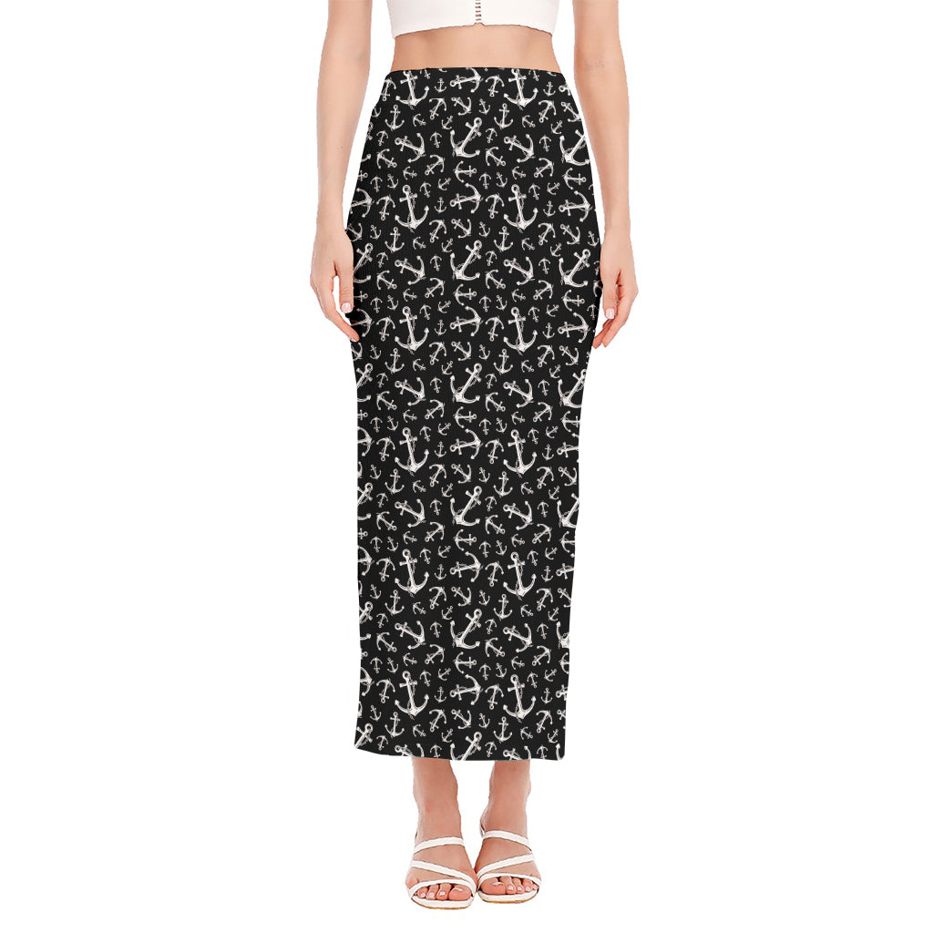Black And White Anchor Pattern Print Side Slit Maxi Skirt
