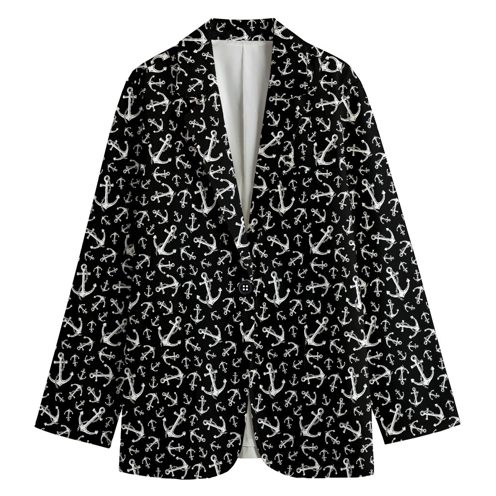 Black And White Anchor Pattern Print Women's Cotton Blazer