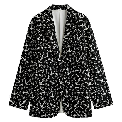 Black And White Anchor Pattern Print Women's Cotton Blazer