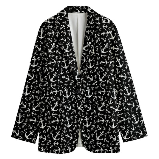 Black And White Anchor Pattern Print Women's Cotton Blazer