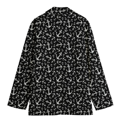 Black And White Anchor Pattern Print Women's Cotton Blazer