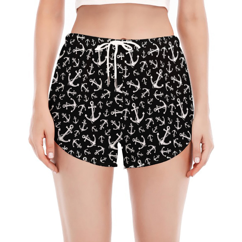 Black And White Anchor Pattern Print Women's Split Running Shorts