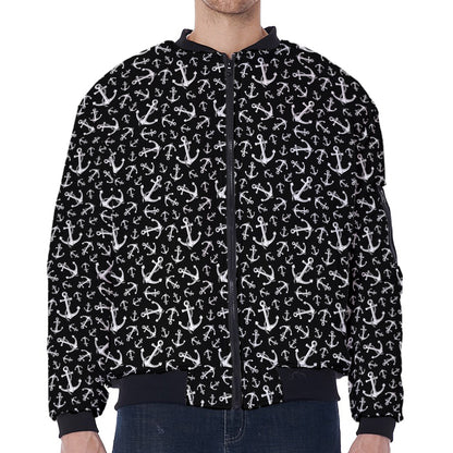 Black And White Anchor Pattern Print Zip Sleeve Bomber Jacket