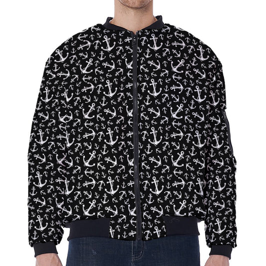 Black And White Anchor Pattern Print Zip Sleeve Bomber Jacket