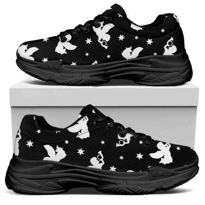 Black And White Angel Pattern Print Black Chunky Shoes