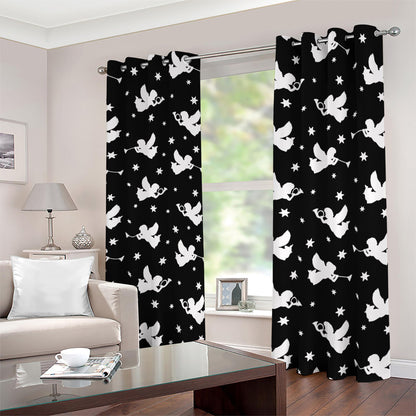 Black And White Angel Pattern Print Blackout Grommet Curtains