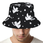 Black And White Angel Pattern Print Bucket Hat