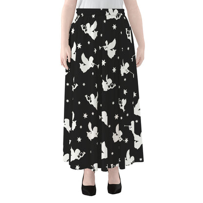 Black And White Angel Pattern Print Chiffon Maxi Skirt