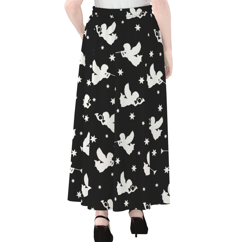 Black And White Angel Pattern Print Chiffon Maxi Skirt
