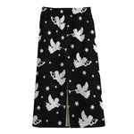 Black And White Angel Pattern Print Cotton Front Slit Maxi Skirt