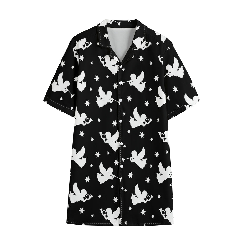 Black And White Angel Pattern Print Cotton Hawaiian Shirt