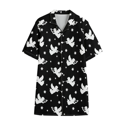 Black And White Angel Pattern Print Cotton Hawaiian Shirt